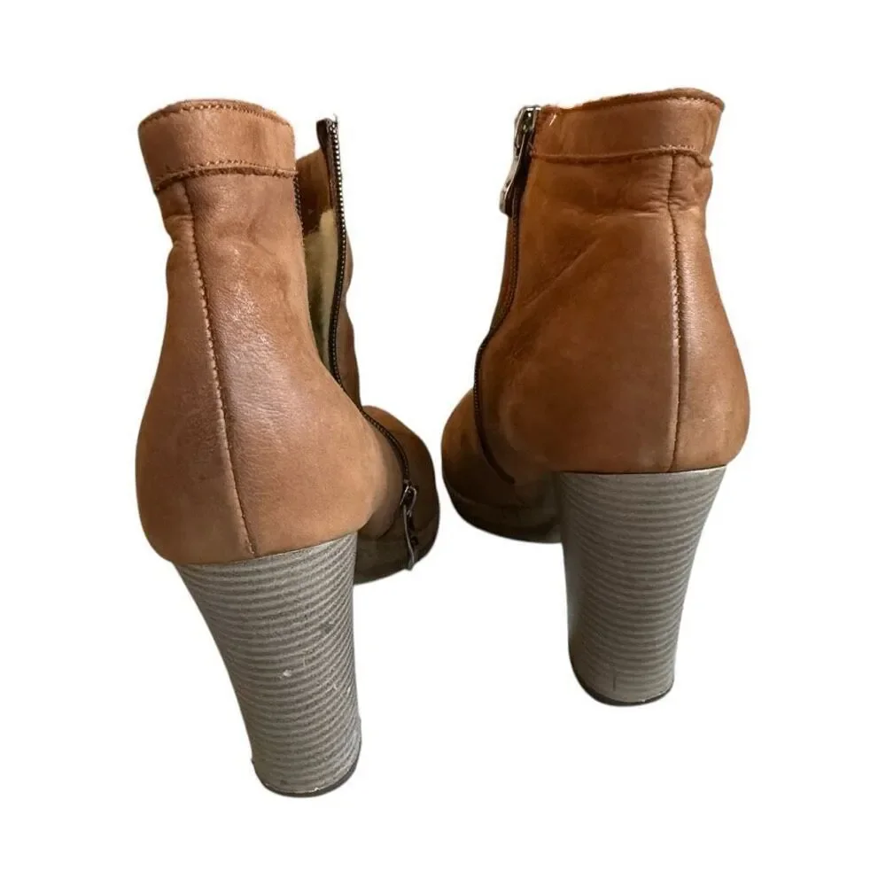 Womens Arka Camel Fleece Lined Leather Heeled Ankle Booties - Sz 10 (40)